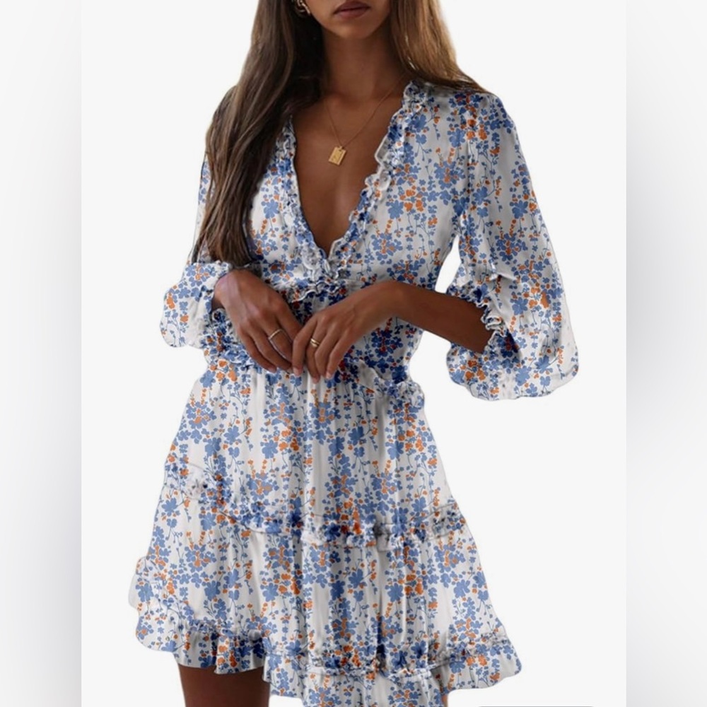✨ Dokotoo Deep V Neck Long Sleeve Backless Ruffle Floral Flowy Mini Dress✨